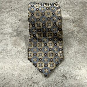 Pronto Uomo Couture Tie Mens One Size Beige Blue Geometric 100% Silk Necktie